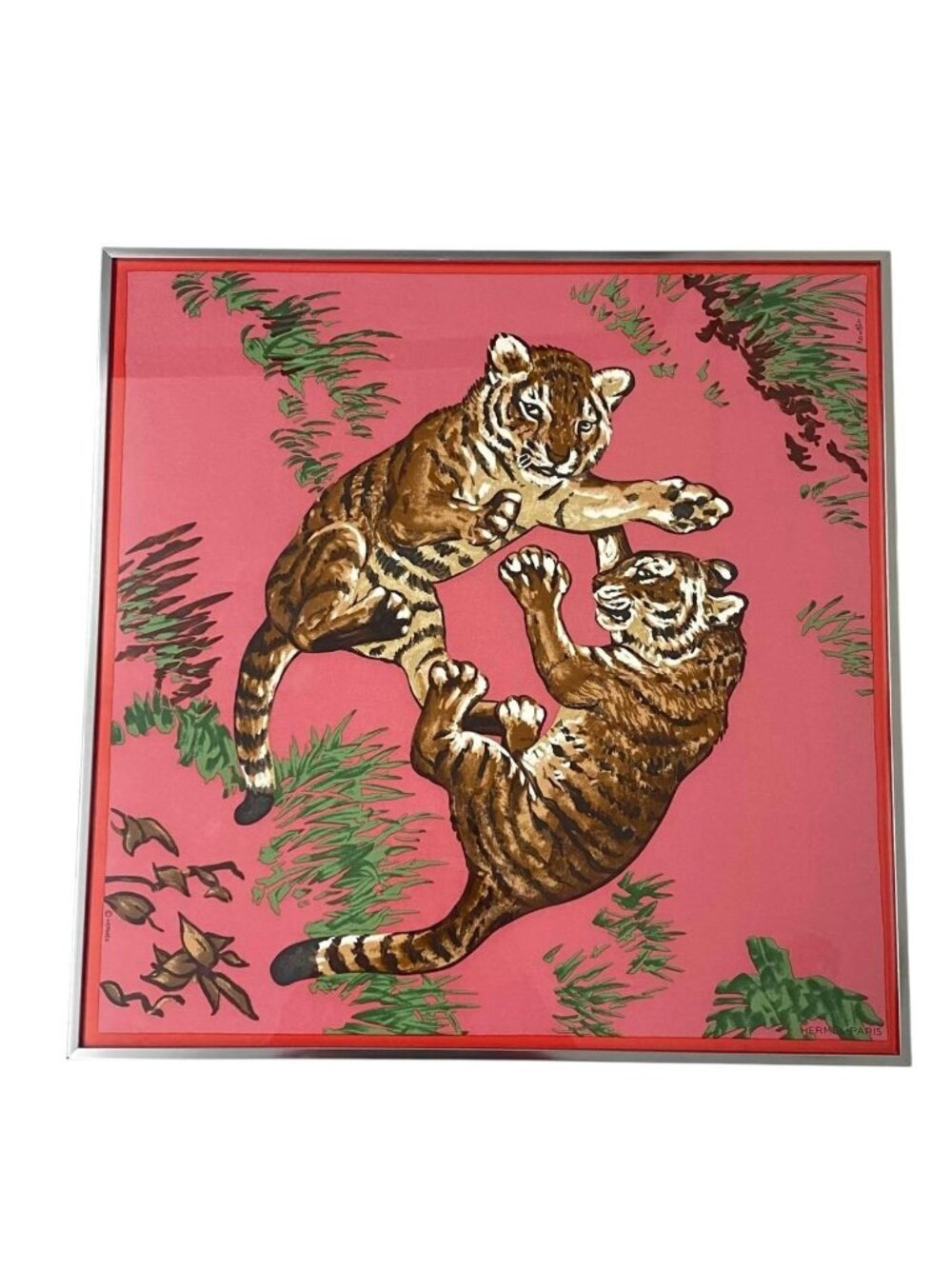 Hermes Silk Scarf les Tigreaux Gavroche Pink Tiger Cub Framed